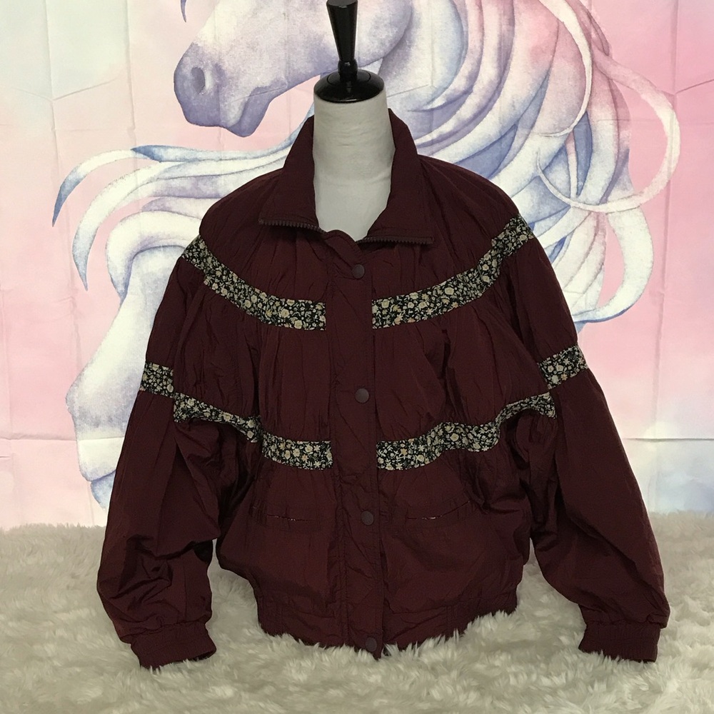 We The Free Maroon Bomber Jacket with Floral Stripes